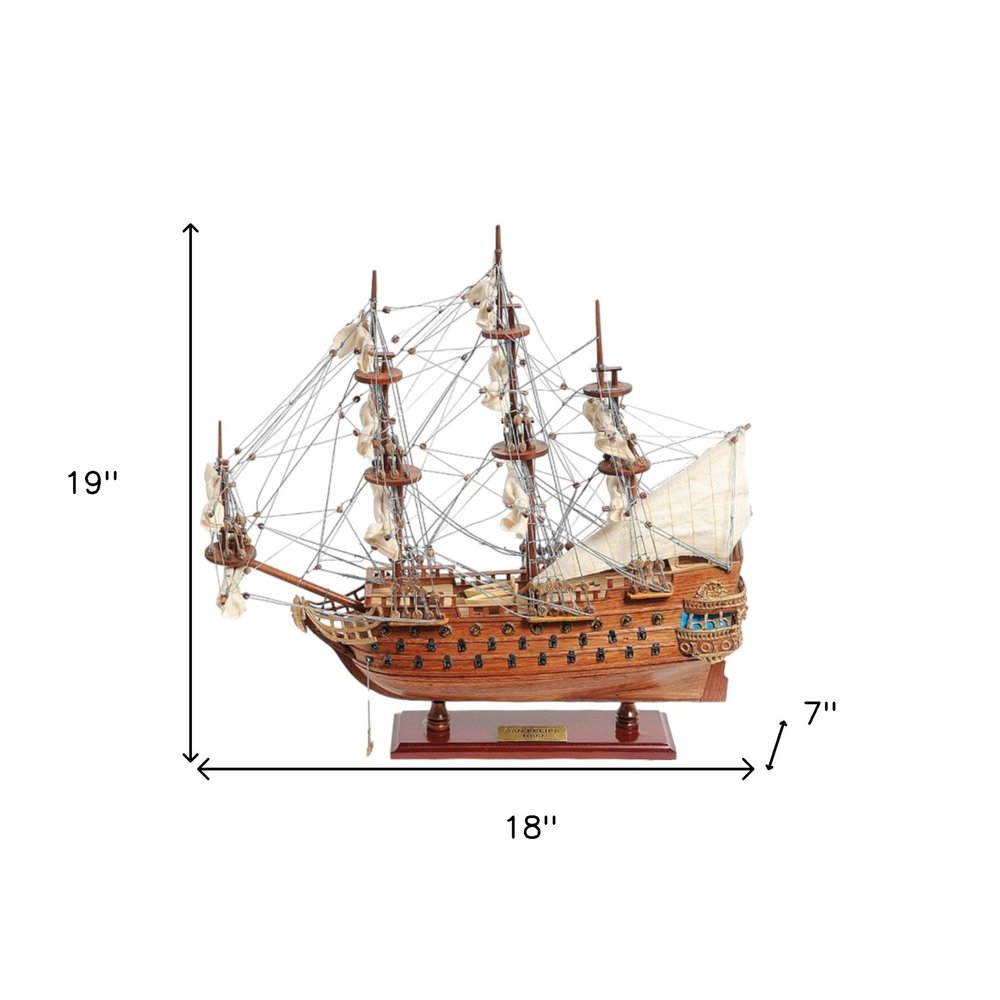 18" Wood Brown Solid Wood Hand Painted San Felipe 1690 Small Model Boat. Home product isolated on a plain white background, showing a brown wood surface.