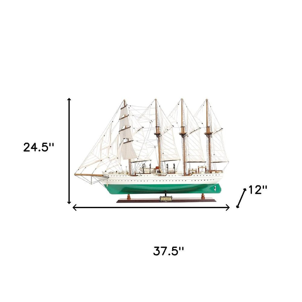 25" Green And White Solid Wood Hand Painted Boat Model Boat