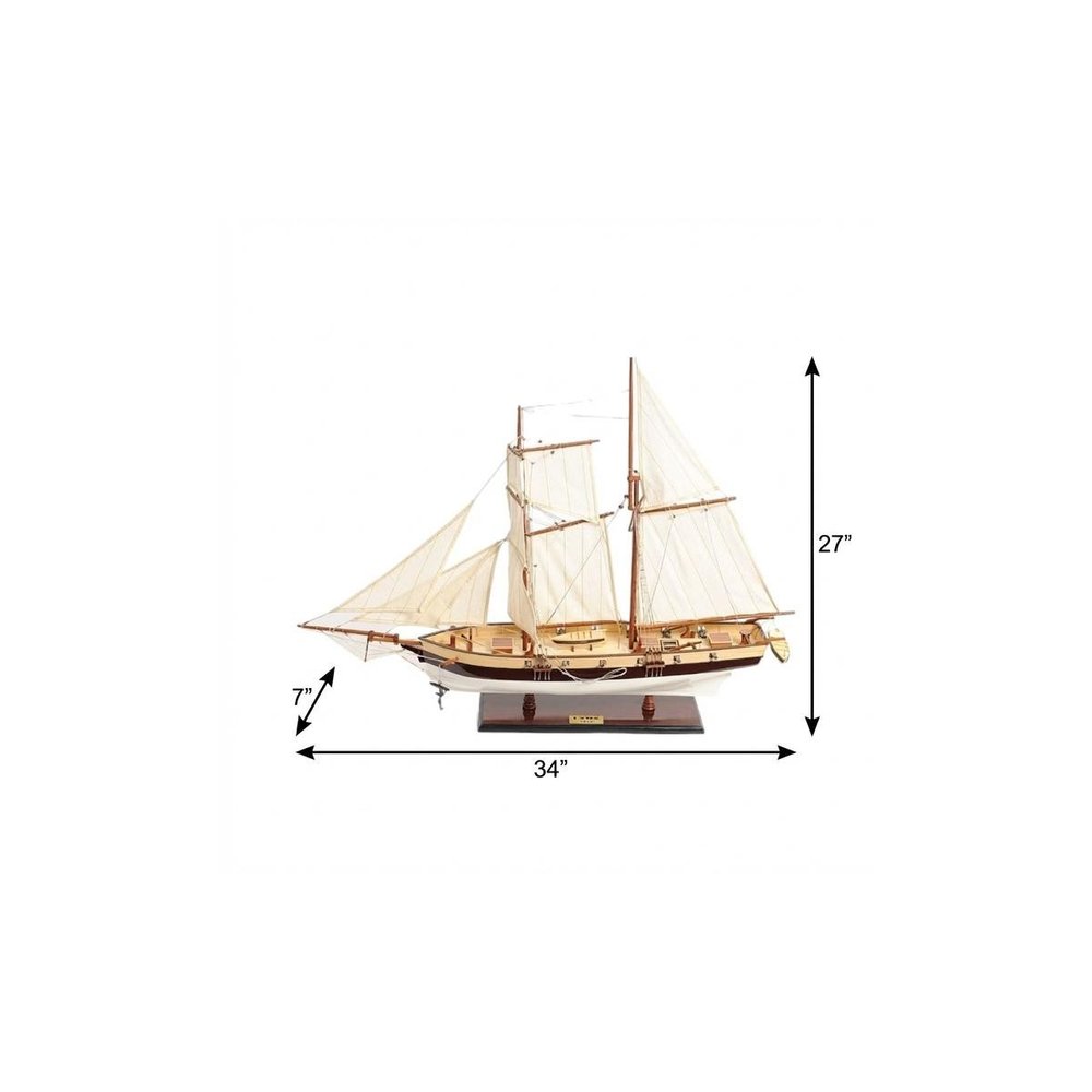 27" Brown And White Solid Wood Hand Painted Model Boat