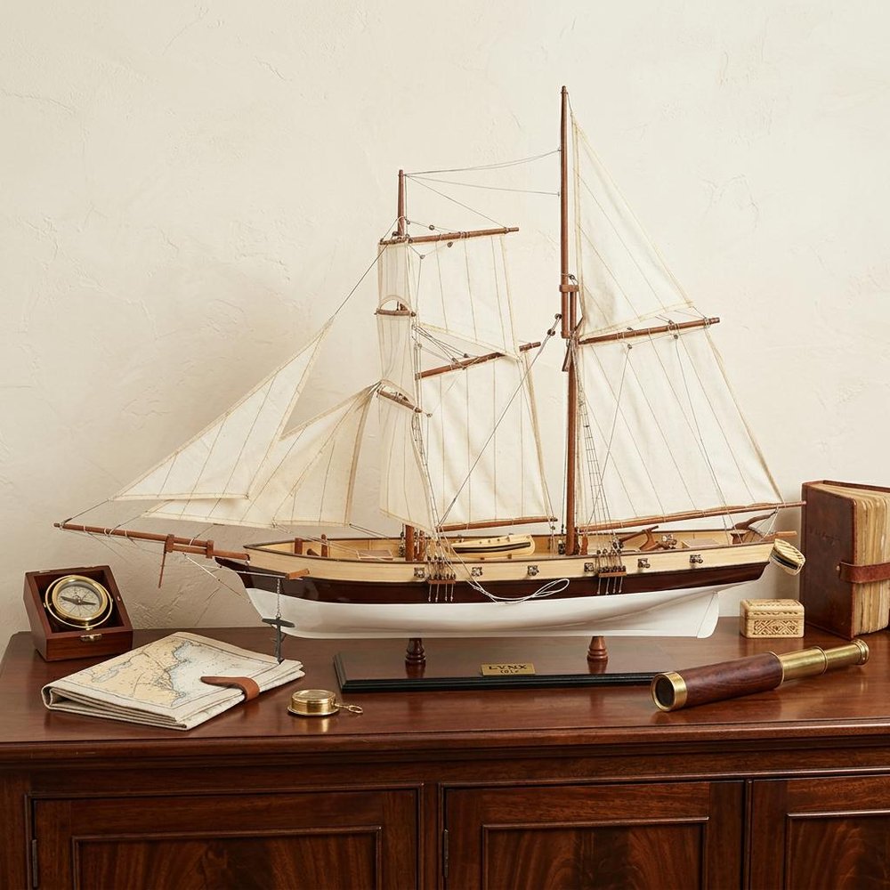 27" Brown And White Solid Wood Hand Painted Model Boat