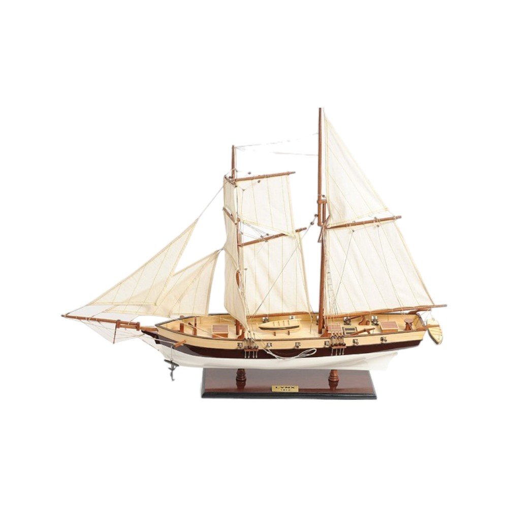 27" Brown And White Solid Wood Hand Painted Model Boat