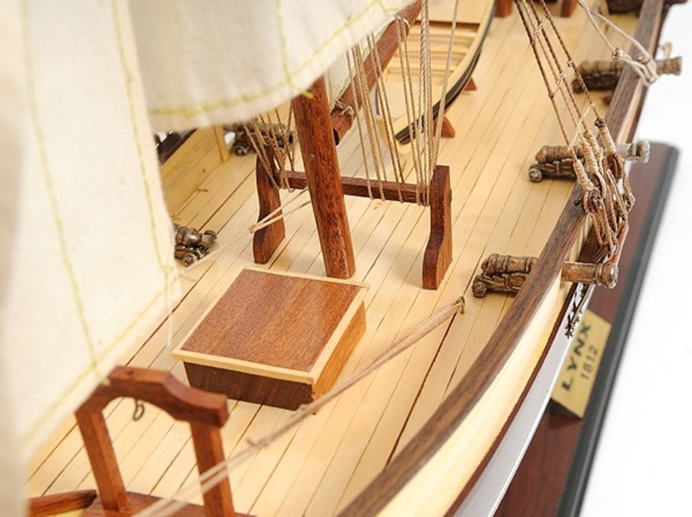 27" Brown And White Solid Wood Hand Painted Model Boat