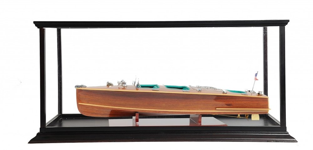 15" Wood Brown c1928 Chris Craft Triple Cockpit Hand Painted Boat with Case. Home product isolated on a plain white background, showing a wood surface.
