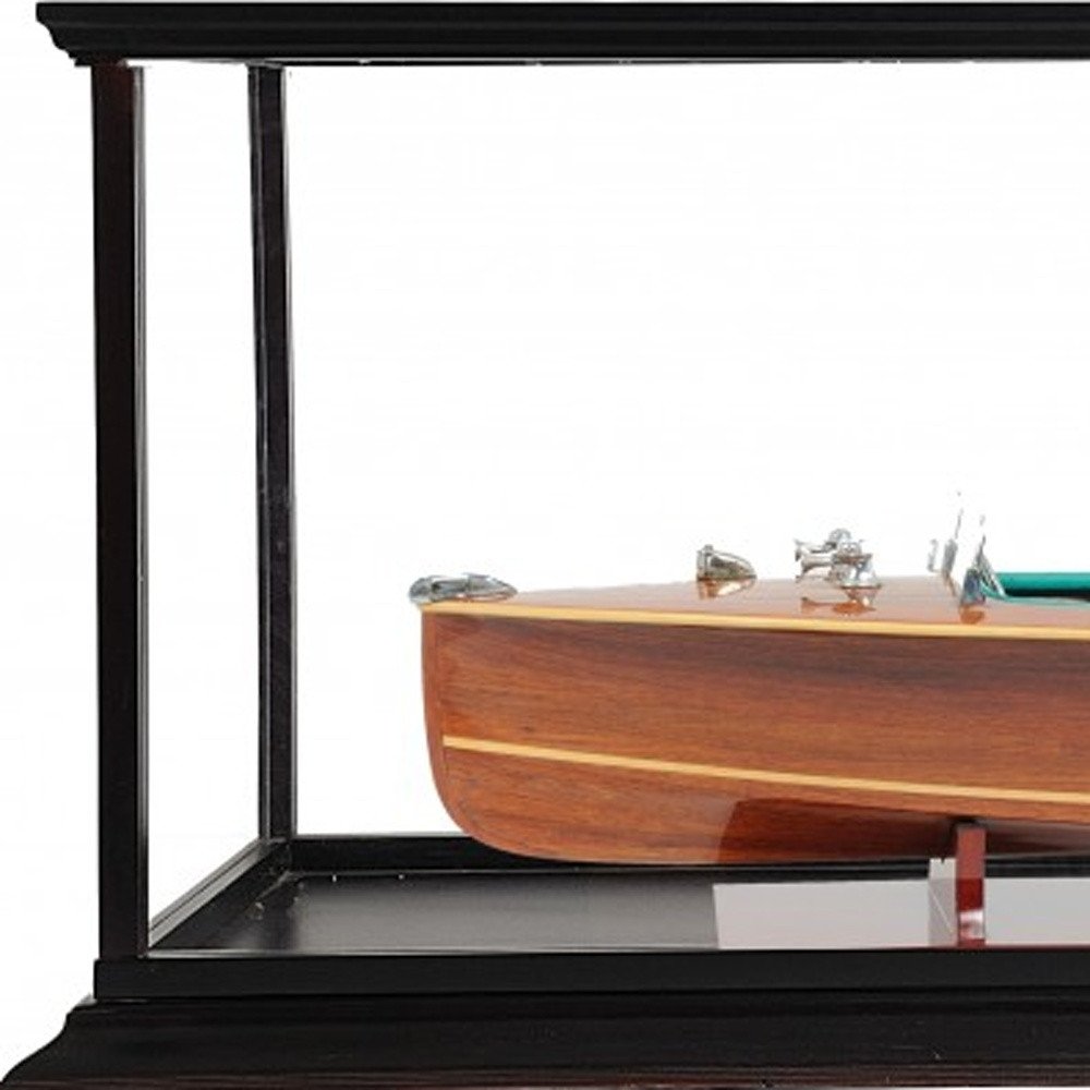 15" Wood Brown c1928 Chris Craft Triple Cockpit Hand Painted Boat with Case photographed against a dark studio background.
