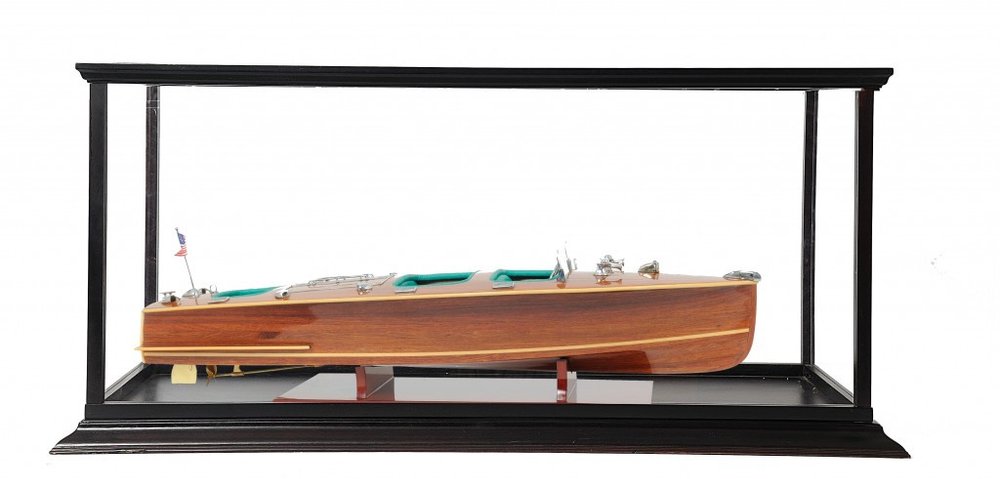 15" Wood Brown c1928 Chris Craft Triple Cockpit Hand Painted Boat with Case. Home product isolated on a plain white background, showing a wood surface.