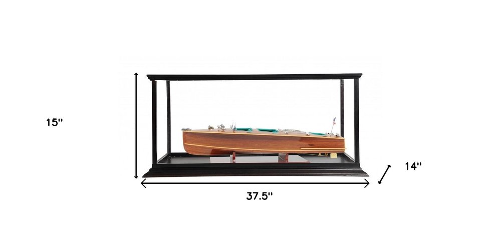 15" Wood Brown c1928 Chris Craft Triple Cockpit Hand Painted Boat with Case. Home product isolated on a plain white background, showing a wood surface.