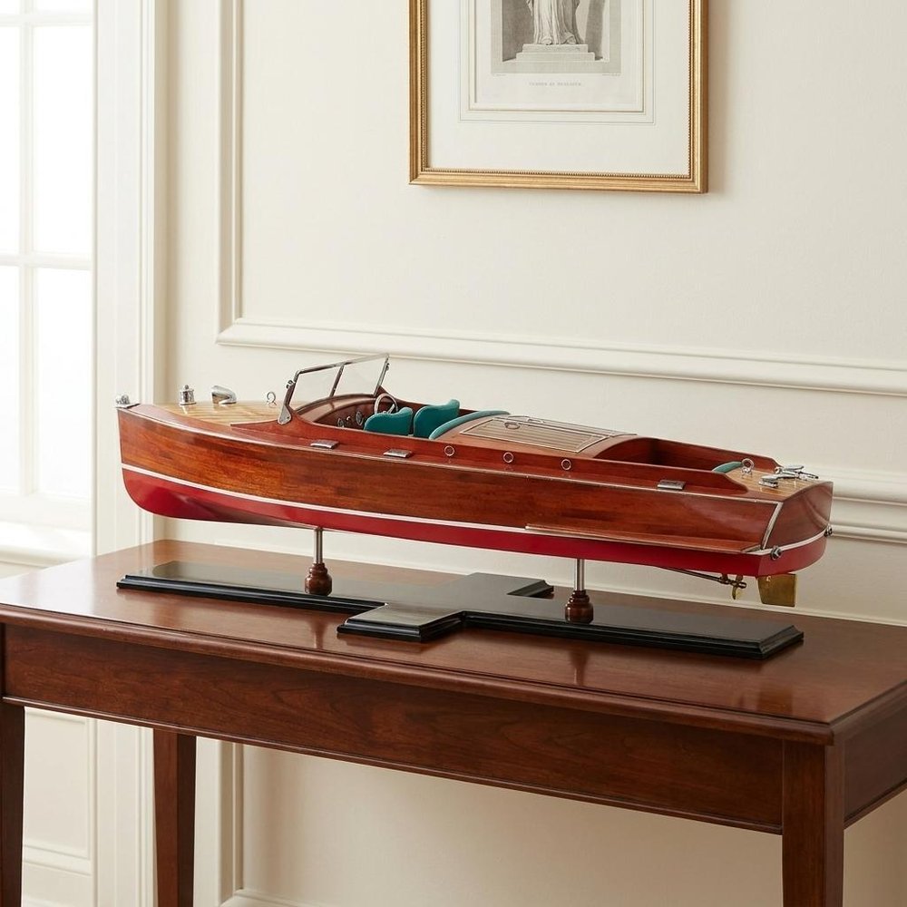 9" Brown Solid Wood Hand Painted Model Boat