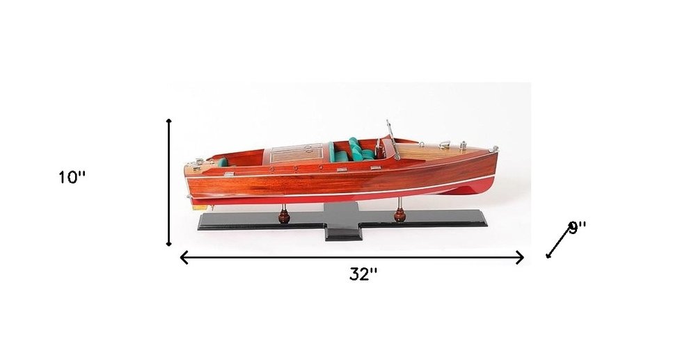 9" Brown Solid Wood Hand Painted Model Boat