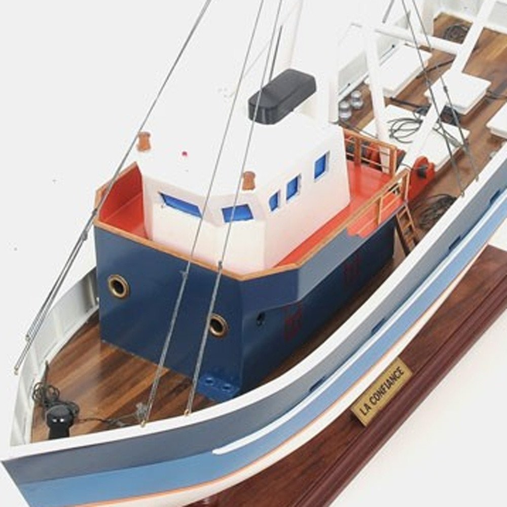 21" Blue and White 1797 La Confiance Boat Hand Painted Decorative Boat. Home product isolated on a plain white background, in a white finish.