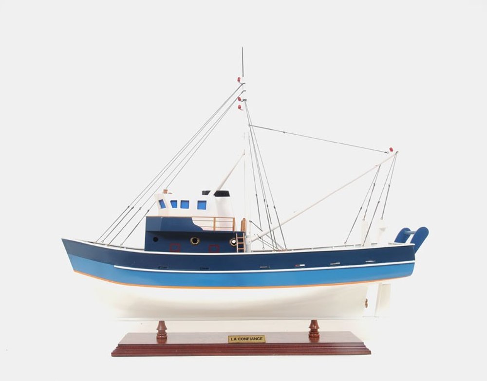21" Blue and White 1797 La Confiance Boat Hand Painted Decorative Boat. Home product isolated on a plain white background, showing its white color.