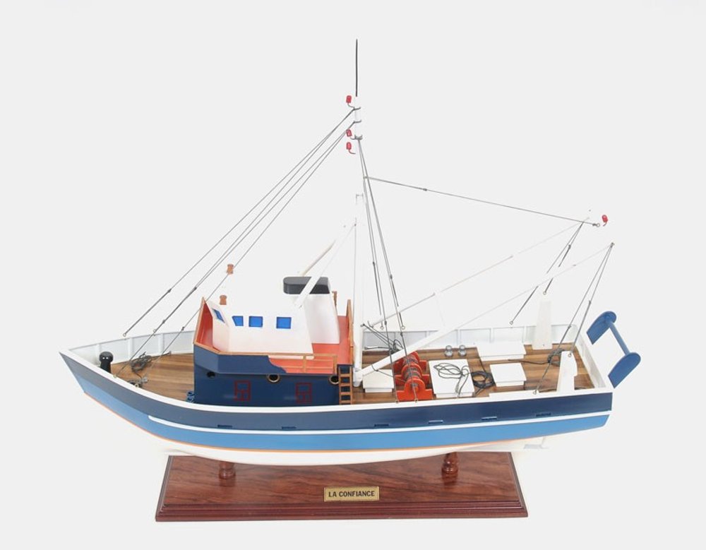 21" Blue and White 1797 La Confiance Boat Hand Painted Decorative Boat. Home product isolated on a plain white background, in a white finish.