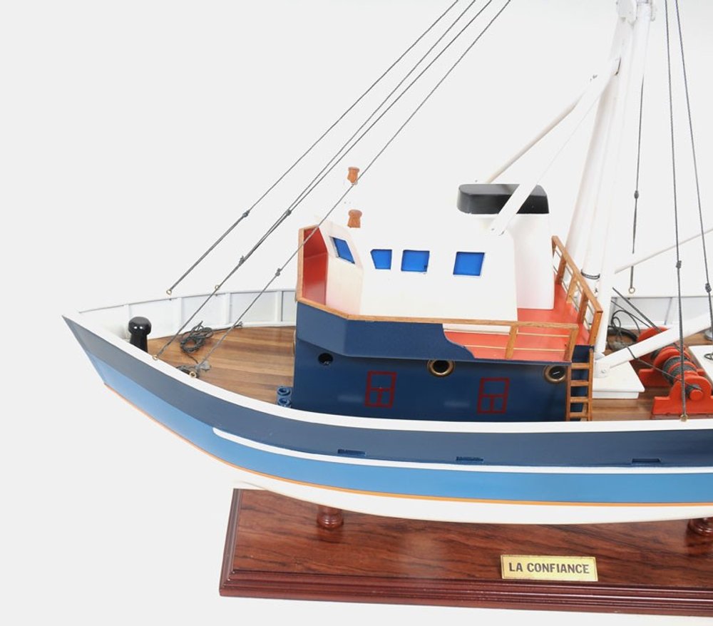 21" Blue and White 1797 La Confiance Boat Hand Painted Decorative Boat. Home product isolated on a plain white background, showing its white color.