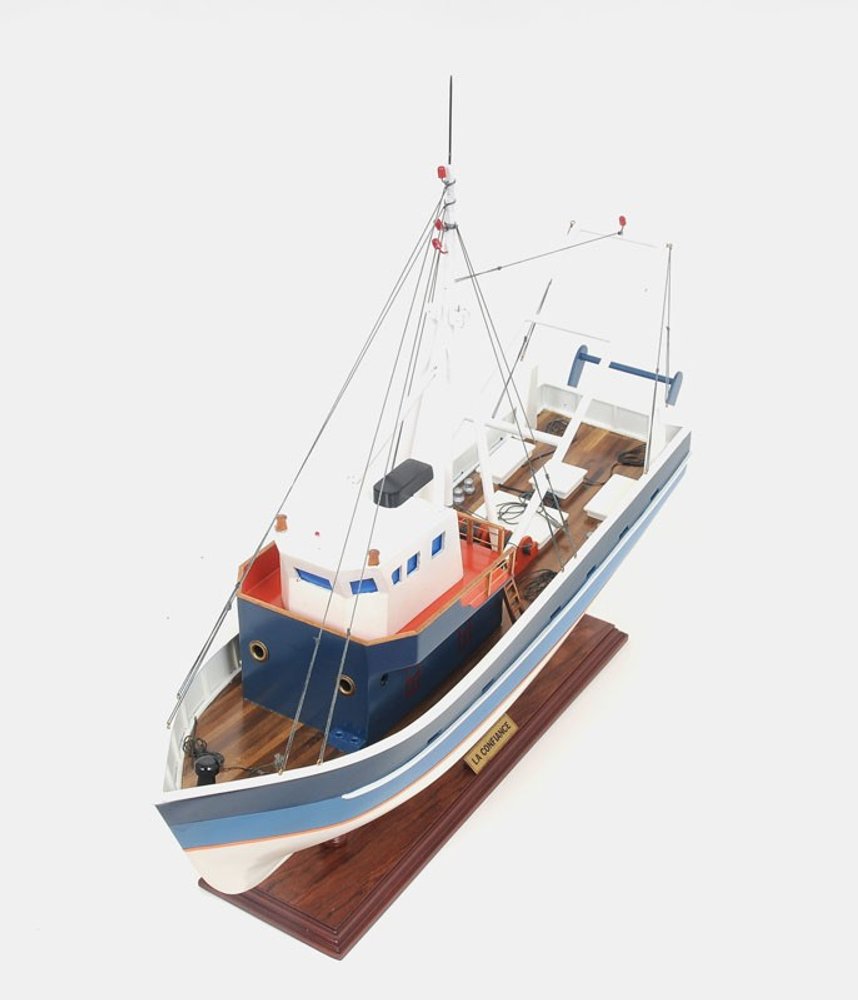 21" Blue and White 1797 La Confiance Boat Hand Painted Decorative Boat. Home product isolated on a plain white background, finished in white.