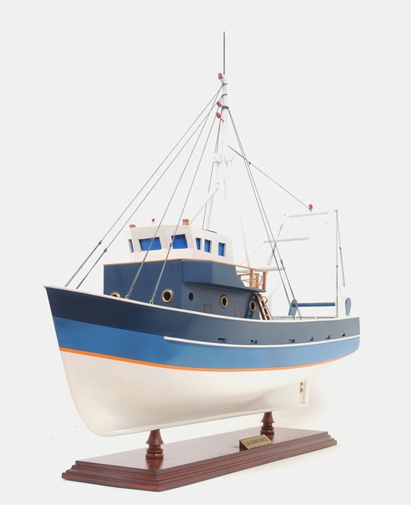 21" Blue and White 1797 La Confiance Boat Hand Painted Decorative Boat. Home product isolated on a plain white background, finished in white.