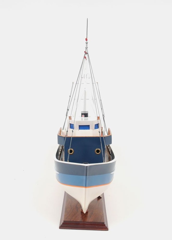 21" Blue and White 1797 La Confiance Boat Hand Painted Decorative Boat. Home product isolated on a plain white background, in a white finish.
