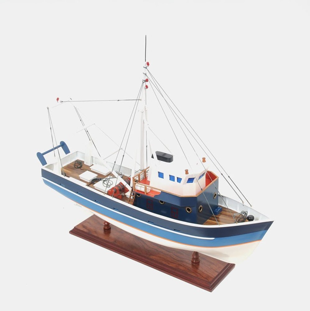 21" Blue and White 1797 La Confiance Boat Hand Painted Decorative Boat. Home product isolated on a plain white background, finished in white.