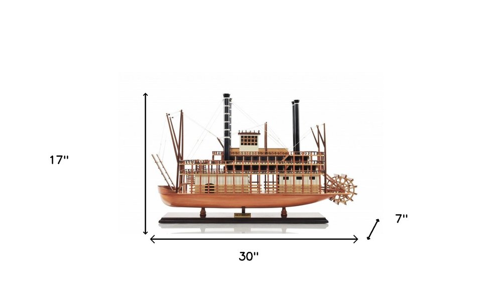 17" Wood Brown Solid Wood Hand Painted King of Mississippi Model Boat. Home product isolated on a plain white background, showing a brown wood surface.