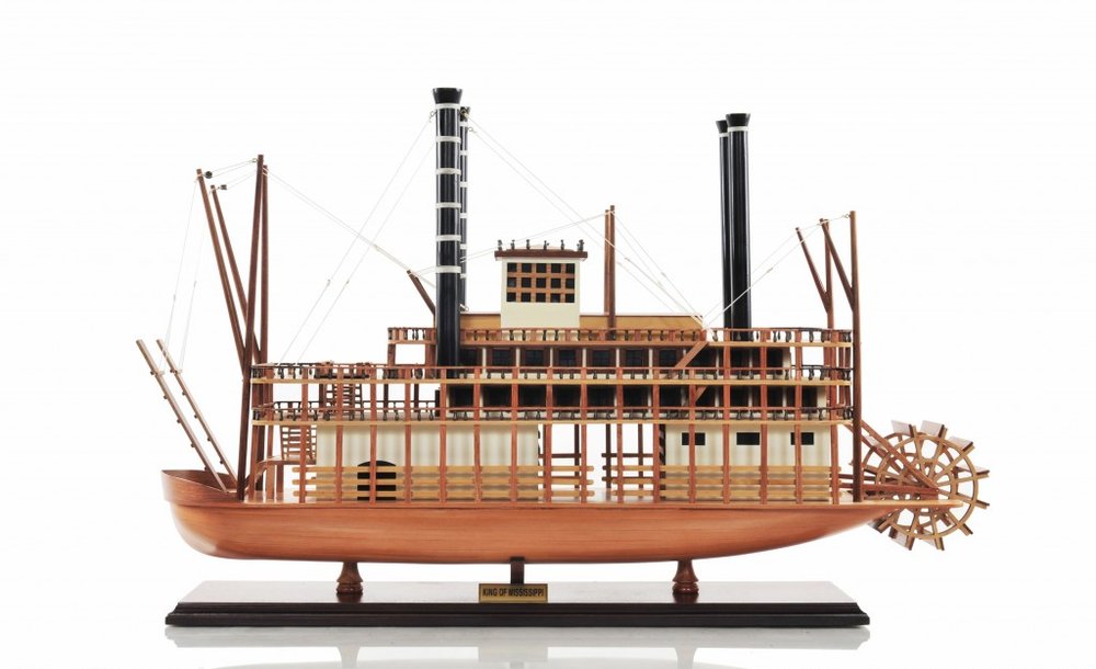 17" Wood Brown Solid Wood Hand Painted King of Mississippi Model Boat. Home product isolated on a plain white background, finished in brown wood.