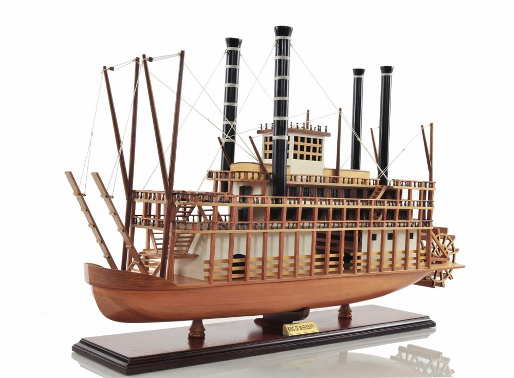 17" Wood Brown Solid Wood Hand Painted King of Mississippi Model Boat. Home product isolated on a plain white background, in a brown wood finish.