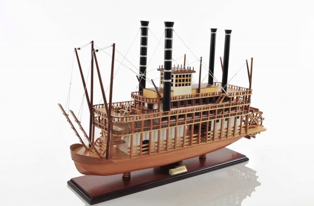 17" Wood Brown Solid Wood Hand Painted King of Mississippi Model Boat. Home product isolated on a plain white background, in a brown wood finish.
