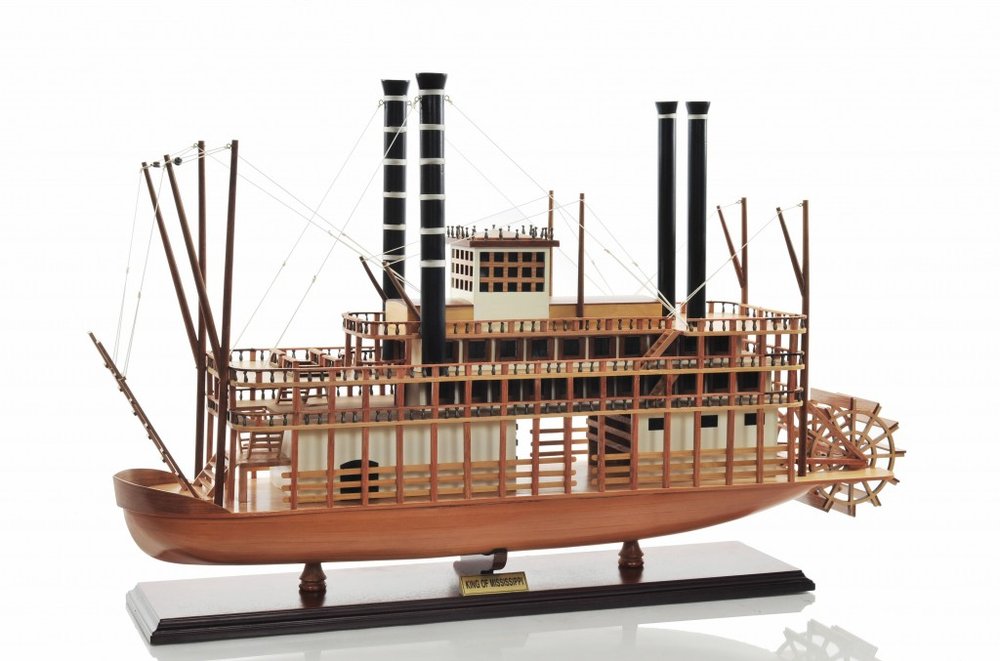 17" Wood Brown Solid Wood Hand Painted King of Mississippi Model Boat. Home product isolated on a plain white background, showing a brown wood surface.