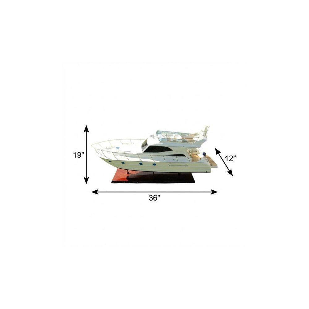 19" White Solid Wood Hand Painted Model Boat. Home product isolated on a plain white background, showing a white wood surface.