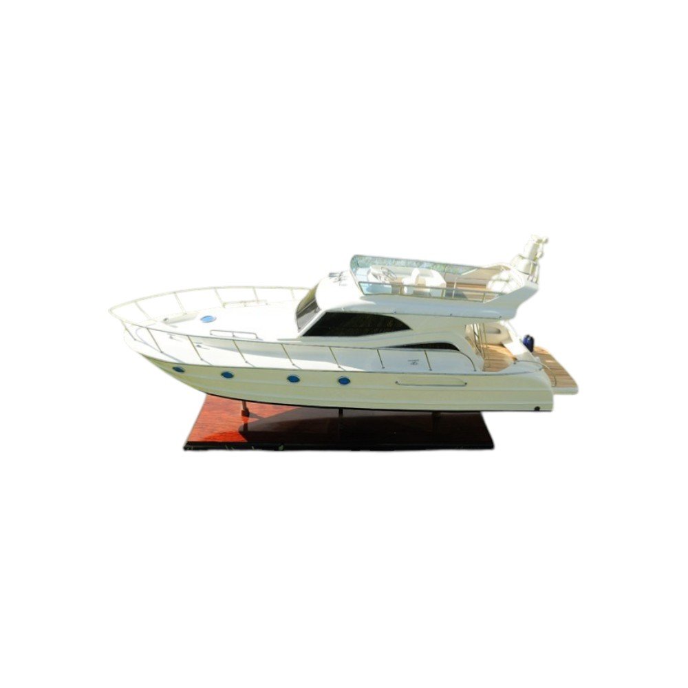 19" White Solid Wood Hand Painted Model Boat. Home product isolated on a plain white background, showing a wood surface.