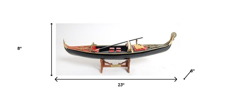8" Black and Red Venetian Gondola Hand Painted Decorative Boat on a white background