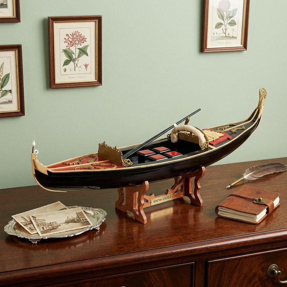 8" Black and Red Venetian Gondola Hand Painted Decorative Boat in a home interior