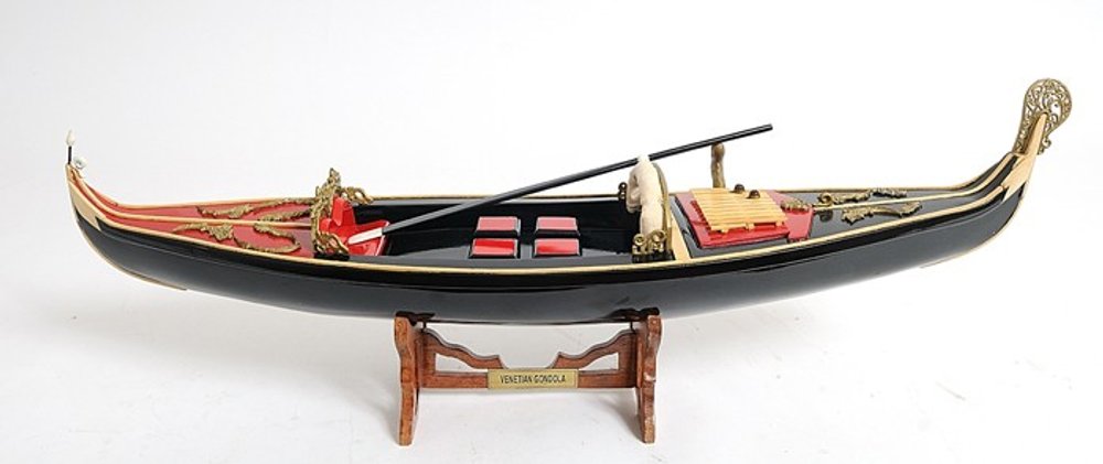 8" Black and Red Venetian Gondola Hand Painted Decorative Boat on a white background