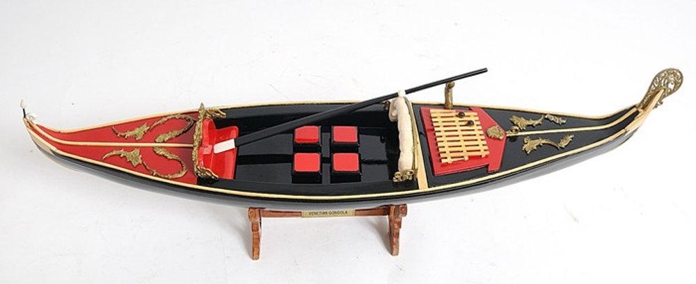 8" Black and Red Venetian Gondola Hand Painted Decorative Boat on a white background