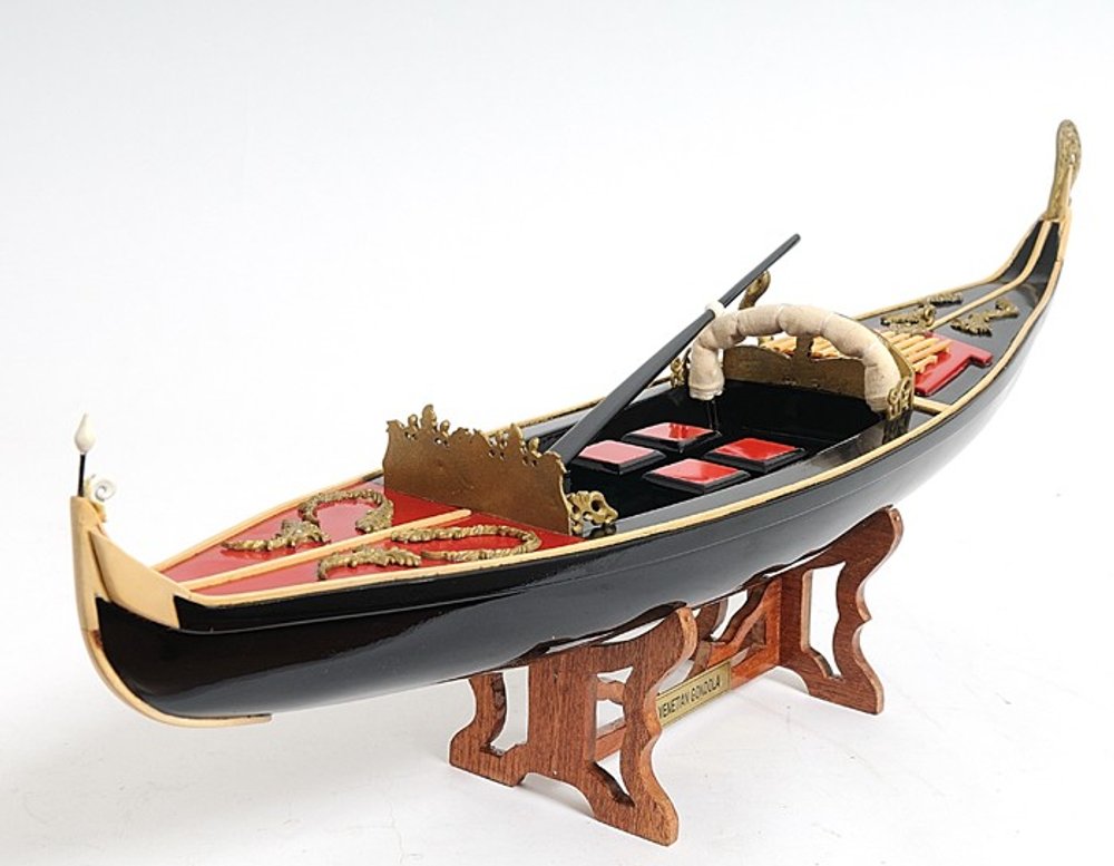 8" Black and Red Venetian Gondola Hand Painted Decorative Boat on a white background