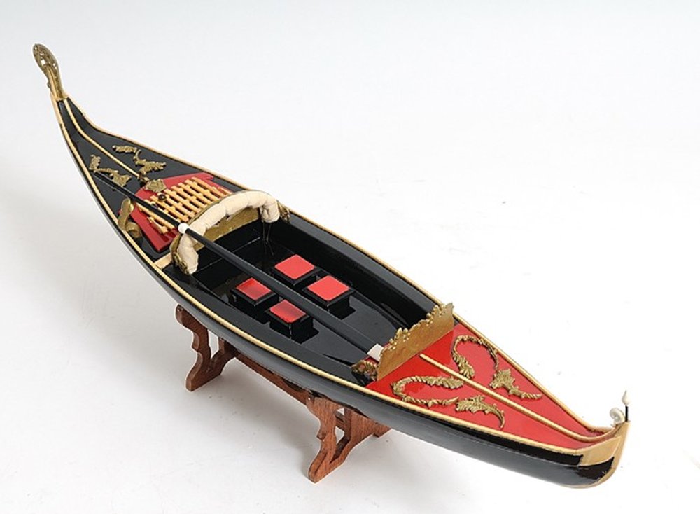 8" Black and Red Venetian Gondola Hand Painted Decorative Boat on a white background