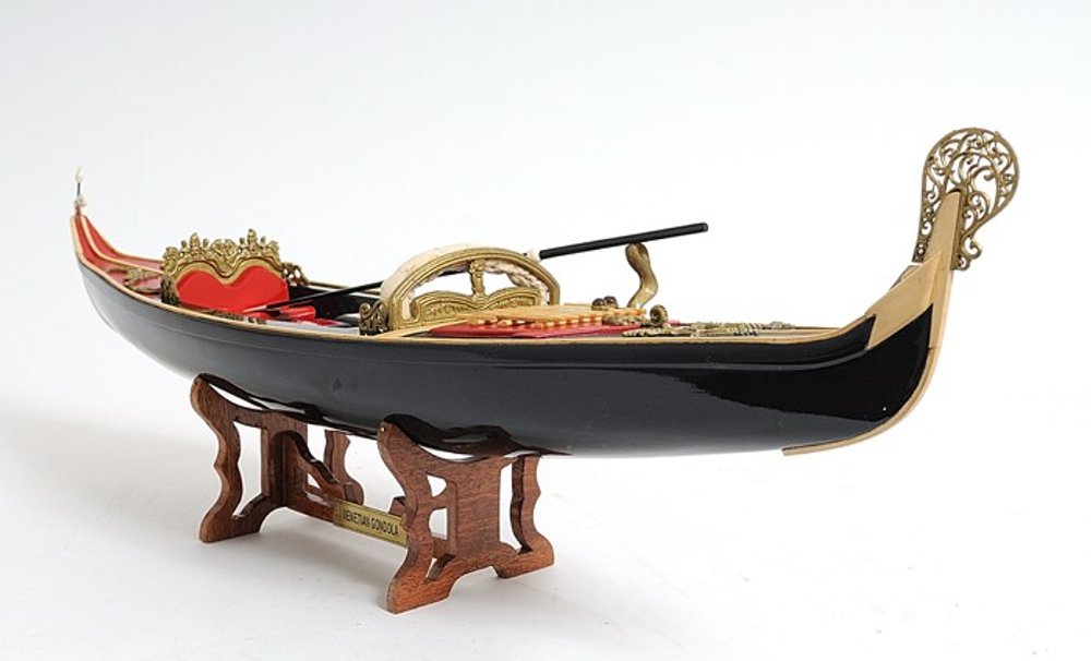 8" Black and Red Venetian Gondola Hand Painted Decorative Boat on a white background