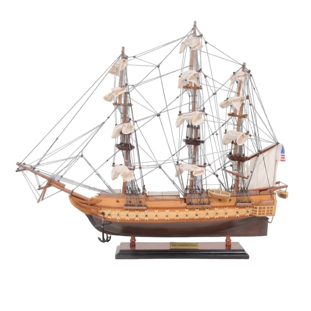 20" Wood Brown Solid Wood Hand Painted 1797 USS Constitution Small Model Boat. Home product isolated on a plain white background, in a brown wood finish.