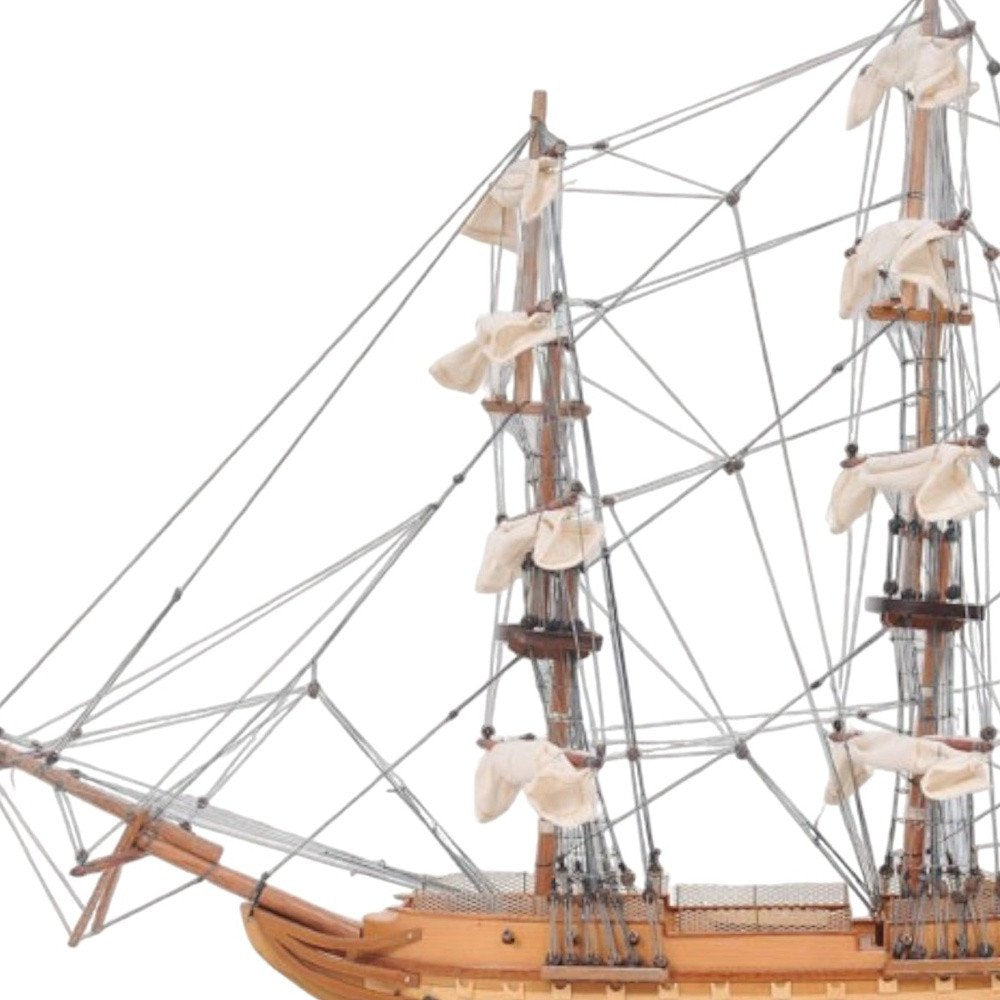 20" Wood Brown Solid Wood Hand Painted 1797 USS Constitution Small Model Boat. Home product isolated on a plain white background, showing a wood surface.
