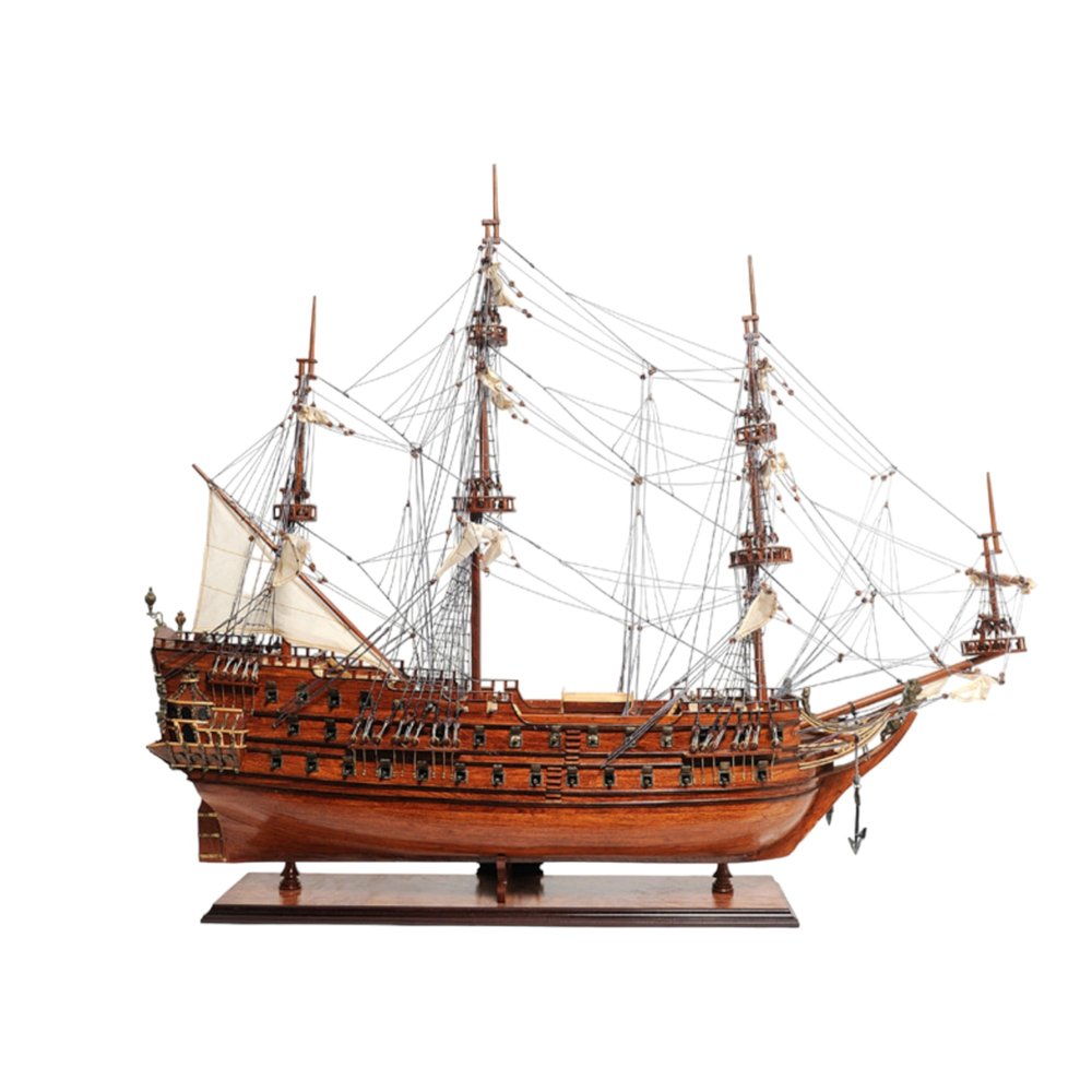 32" Wood Brown Solid Wood Hand Painted c1665 Zeven Provincien Model Boat. Sculpture isolated on a plain white background, finished in brown wood.