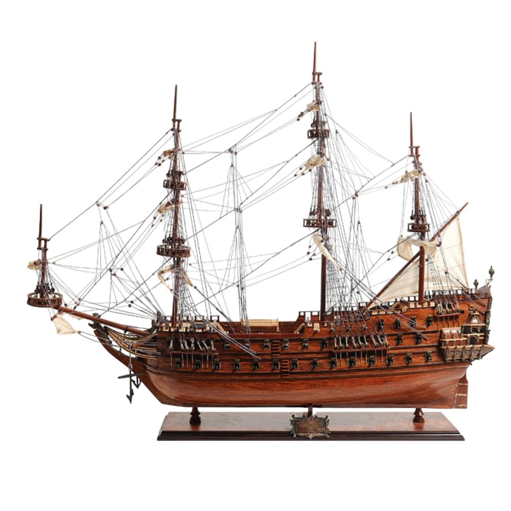 32" Wood Brown Solid Wood Hand Painted c1665 Zeven Provincien Model Boat. Sculpture isolated on a plain white background, in a brown wood finish.