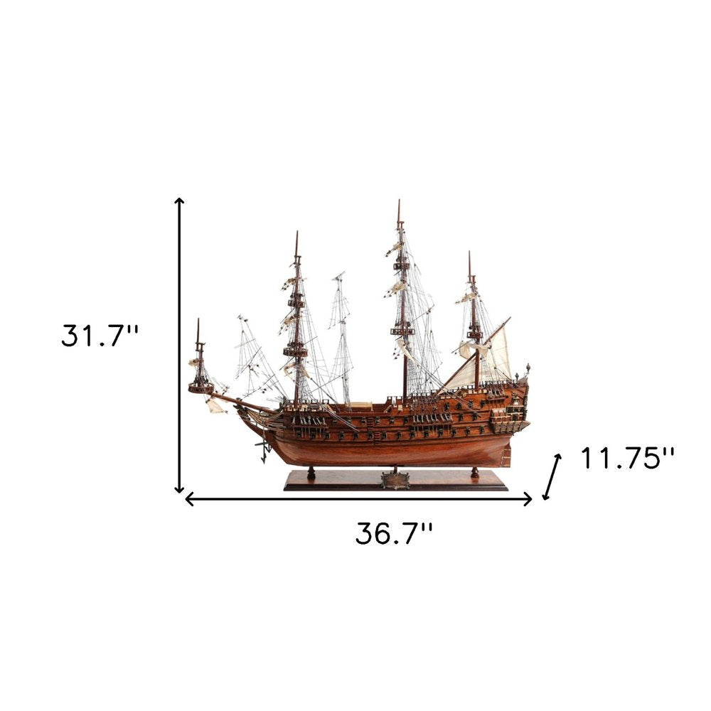 32" Wood Brown Solid Wood Hand Painted c1665 Zeven Provincien Model Boat. Sculpture isolated on a plain white background, finished in brown wood.