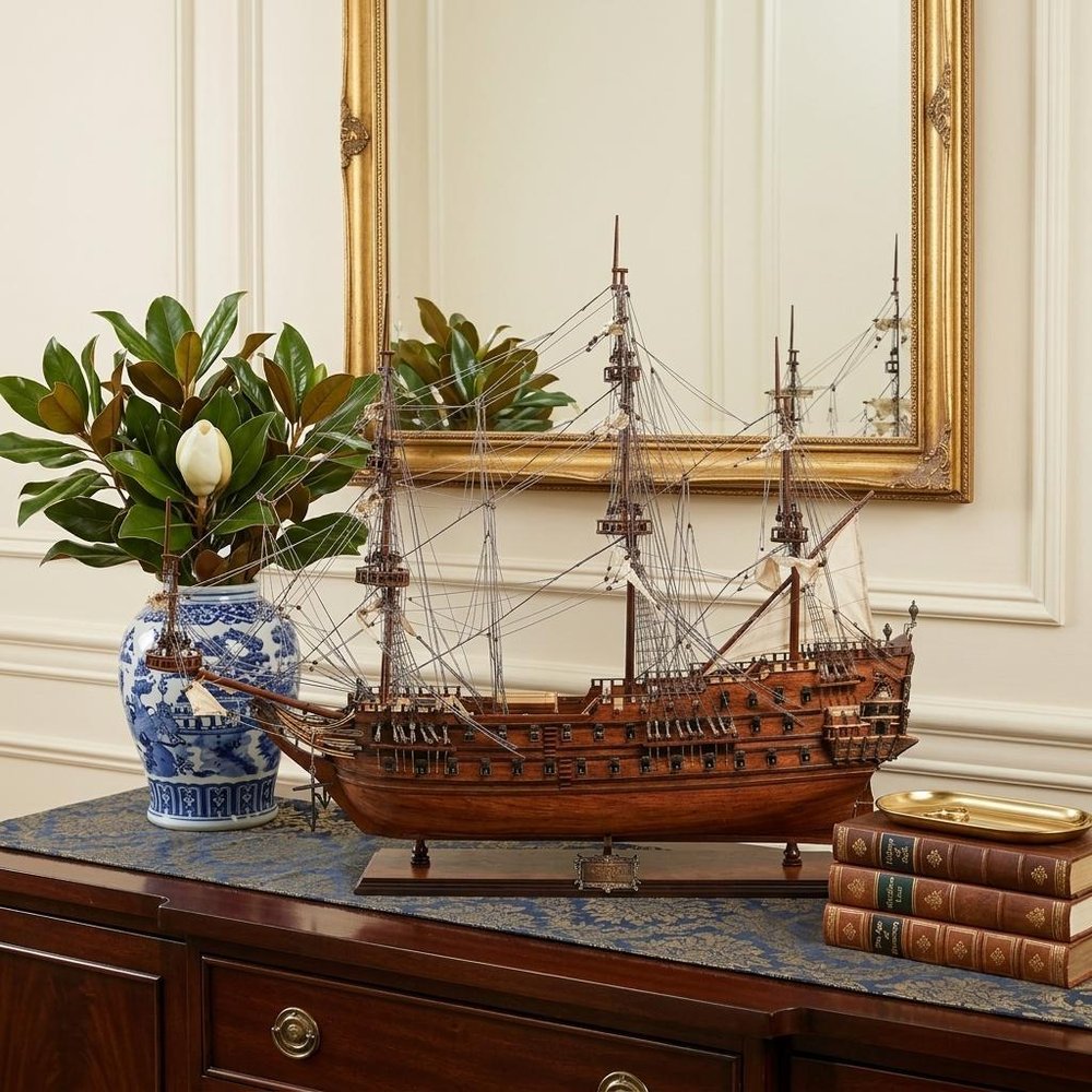 32" Wood Brown Solid Wood Hand Painted c1665 Zeven Provincien Model Boat