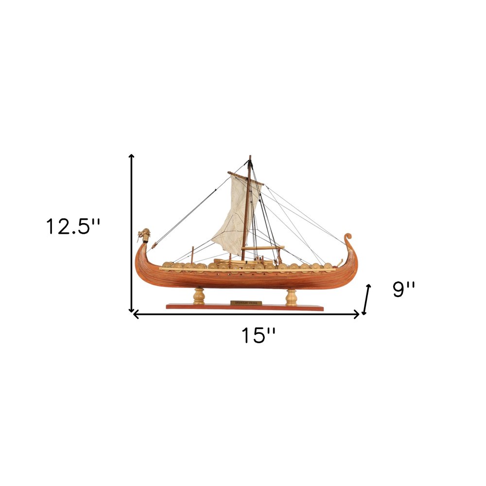 13" Wood Brown Solid Wood Hand Painted Model Boat Tabletop Sculpture. Sculpture isolated on a plain white background, in a brown wood finish.