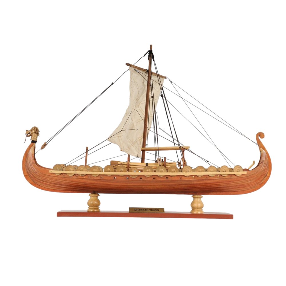 13" Wood Brown Solid Wood Hand Painted Model Boat Tabletop Sculpture. Sculpture isolated on a plain white background, showing a brown wood surface.