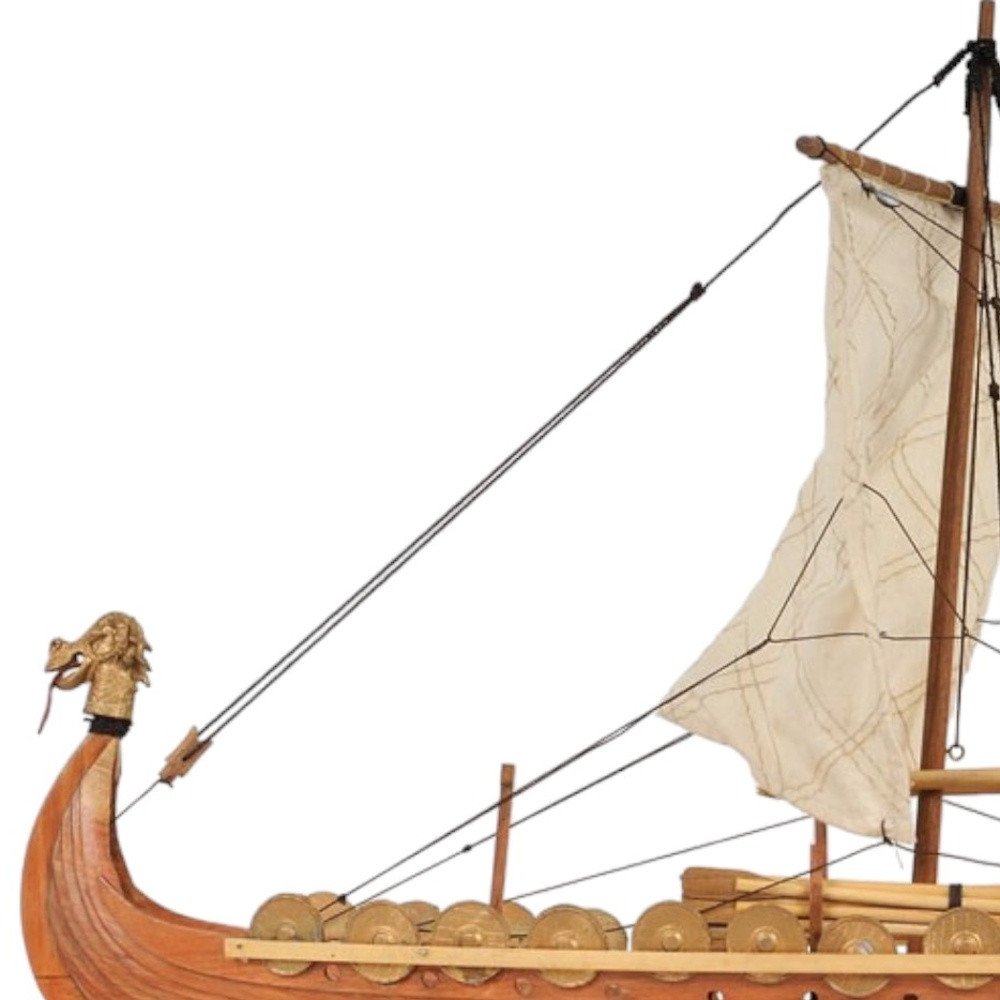 13" Wood Brown Solid Wood Hand Painted Model Boat Tabletop Sculpture. Sculpture isolated on a plain white background, finished in brown wood.