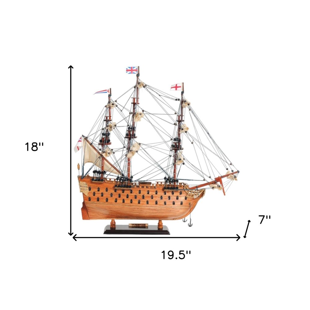 18" Wood Brown HMS Victory Hand Painted Decorative Boat. Home product isolated on a plain white background, showing a wood surface.