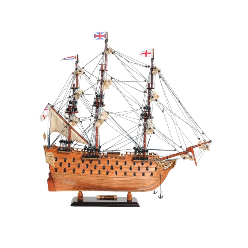 18" Wood Brown HMS Victory Hand Painted Decorative Boat. Home product isolated on a plain white background, in a brown wood finish.