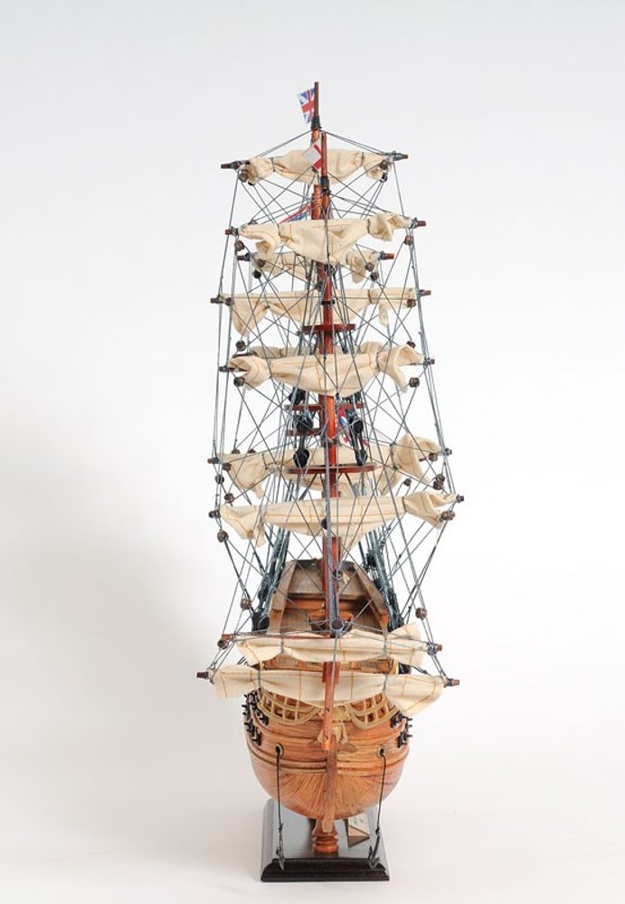 18" Wood Brown HMS Victory Hand Painted Decorative Boat. Home product isolated on a plain white background, showing a brown wood surface.
