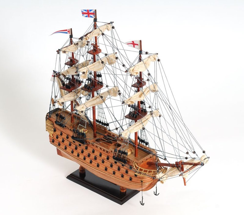 18" Wood Brown HMS Victory Hand Painted Decorative Boat. Home product isolated on a plain white background, showing a brown wood surface.