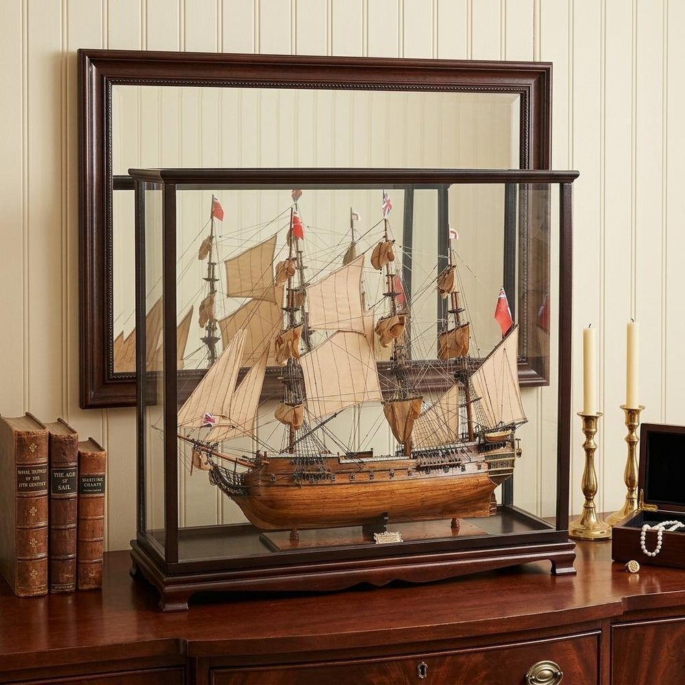 39" Wood Brown HMS Surprise 1796 Table Top Display Case Hand Painted Model Boat