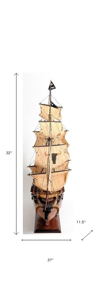 32" Brown Solid Wood Hand Painted Boat Model Boat