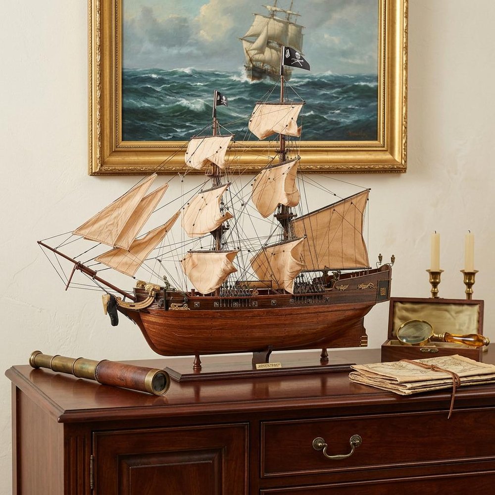 32" Brown Solid Wood Hand Painted Boat Model Boat